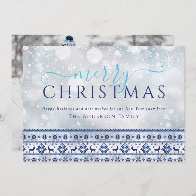 Modern Merry Christmas Folk Pattern Photo Holiday Card (Front/Back)