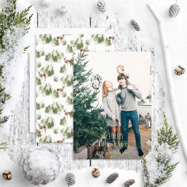 Modern Merry Christmas Forest Green Gold Photo Foil Holiday Card (Creator Uploaded)