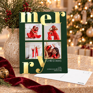 Modern Merry Christmas Forest Green Photo Collage Foil Holiday Postcard