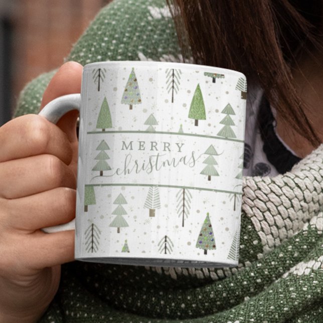 Modern Merry Christmas Forest Trees Sage Green Coffee Mug (Creator Uploaded)
