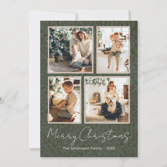 Modern Merry Christmas Four Photo Collage Card (Front)