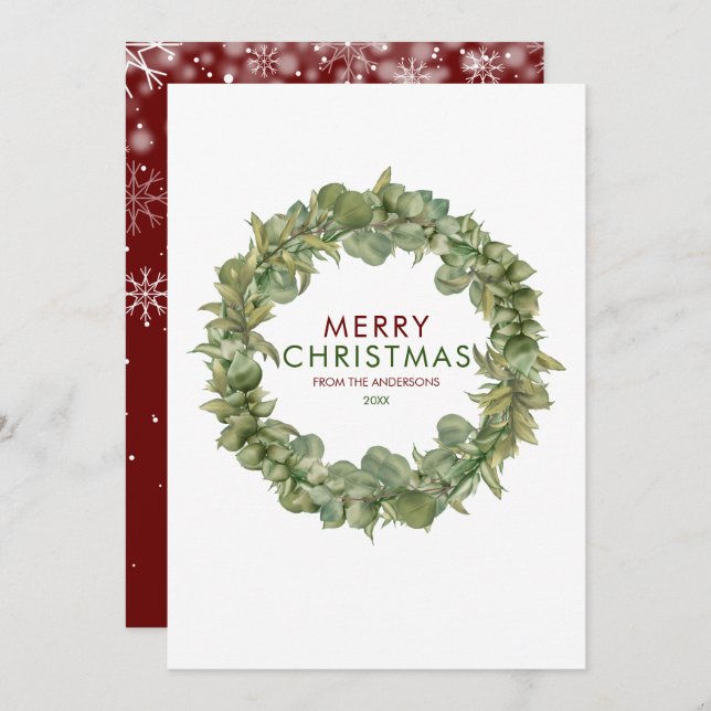 Modern Merry Christmas Garland Burgundy Holiday Card (Front/Back)