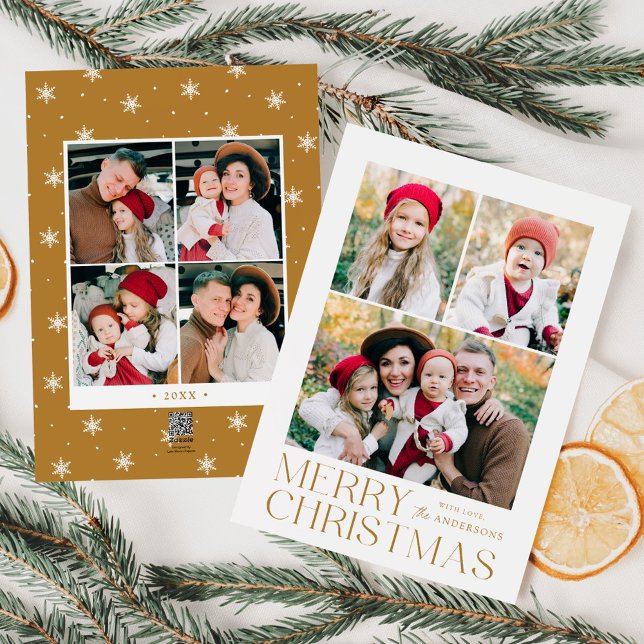 Modern Merry Christmas Gold 7 Photo Collage Holiday Card (Creator Uploaded)