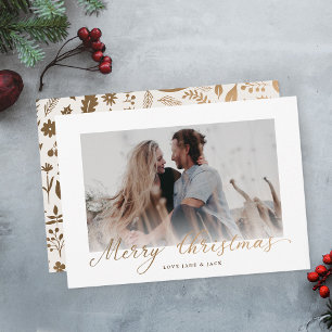 Modern Merry Christmas Gold Boho Script Photo Holiday Card