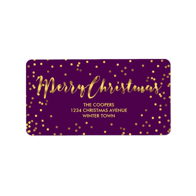 Modern Merry Christmas Gold Foil Confetti Purple Label (Front)