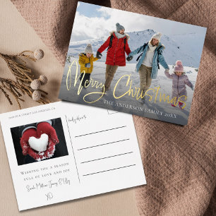 Modern Merry Christmas Gold Foil & Photo Foil Holiday Postcard