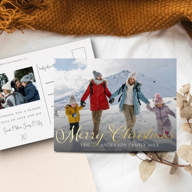 Modern Merry Christmas Gold Foil & Photo Holiday Postcard (Creator Uploaded)