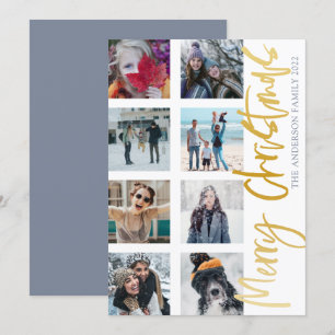 Modern Merry Christmas Gold Script 8 Photo Collage Holiday Card