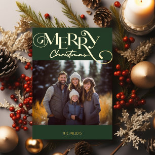Modern Merry Christmas Green Plaid Minimal 1 Photo Foil Holiday Postcard