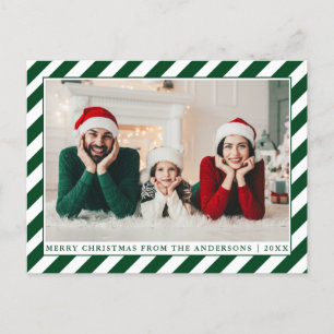 Modern Merry Christmas Green Stripes Photo Postcard