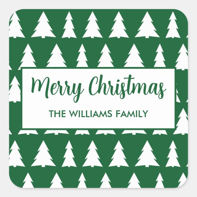 Modern Merry Christmas Green White Tree Pattern  Square Sticker (Front)