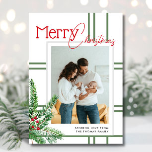 Modern Merry Christmas Greenery Plaid Photo Holiday Card