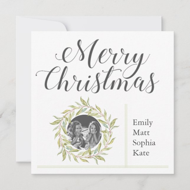 Modern Merry Christmas Greenery Wreath Photo Holiday Card (Front)