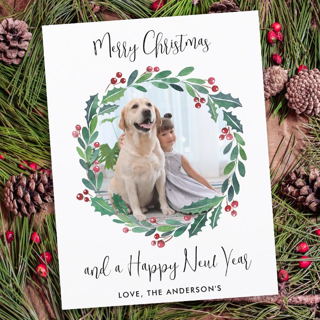 Modern Merry Christmas Greenery Wreath Photo  Holiday Postcard (Creator Uploaded)