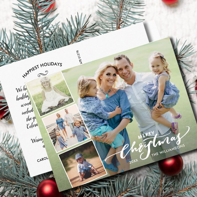 Modern Merry Christmas Hand Lettered Photo Collage Postcard (Creator Uploaded)