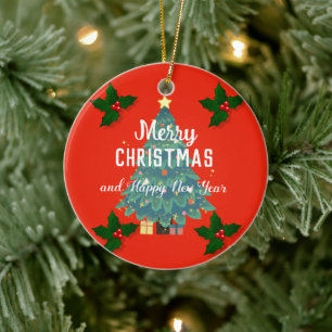 Modern merry christmas & happy new year holiday ceramic ornament