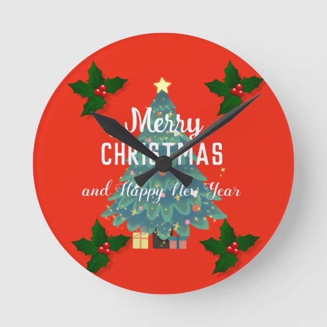 Modern merry christmas & happy new year holiday  round clock (Front)