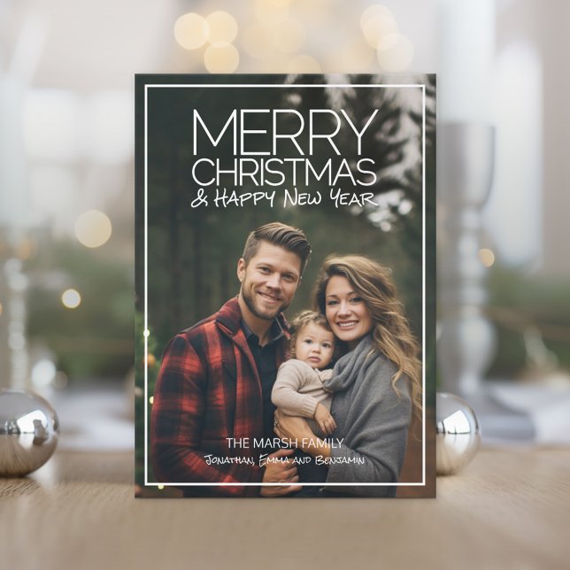 Modern Merry Christmas HNY - 1 Full Photo Holiday Card (Modern, Minimal Christmas Photo Card)