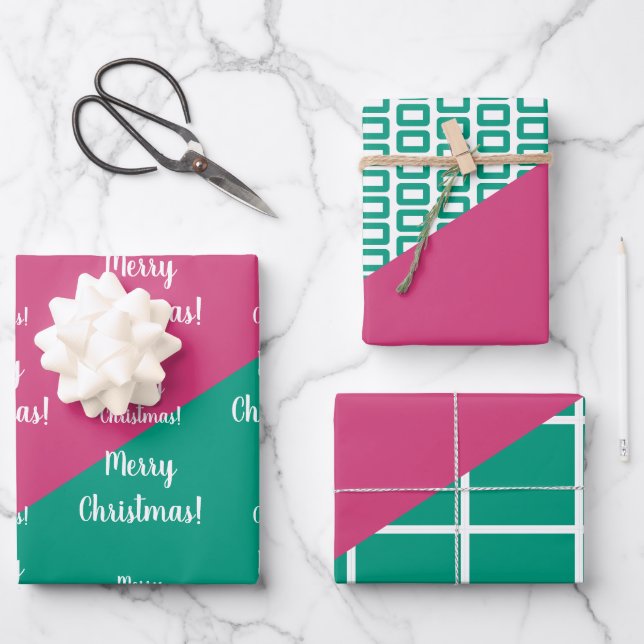 Modern Merry Christmas Hot Pink Emerald Green Wrapping Paper Sheet (Front)