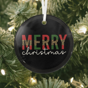 Modern Merry Christmas Leopard Print Typography Glass Tree Decoration