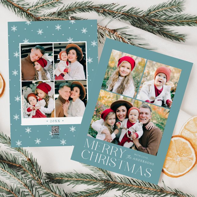 Modern Merry Christmas Light Blue 7 Photo Collage Holiday Card (Creator Uploaded)