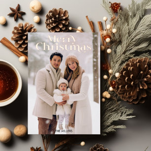 Modern Merry Christmas Minimal 1 Photo Beige  Foil Holiday Postcard