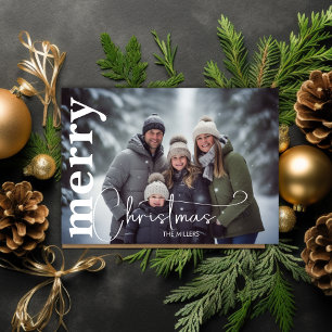 Modern Merry Christmas Minimal 1 Photo Green Gold Holiday Card