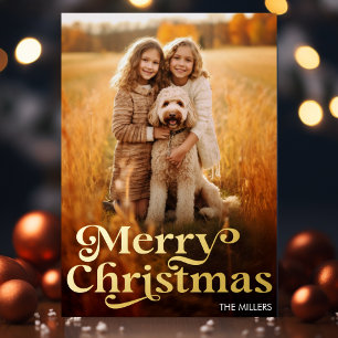 Modern Merry Christmas Minimalist 1 Photo Elegant Foil Holiday Card