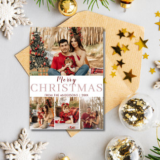 Modern Merry Christmas MInimalist 4 Family Photo Holiday Card