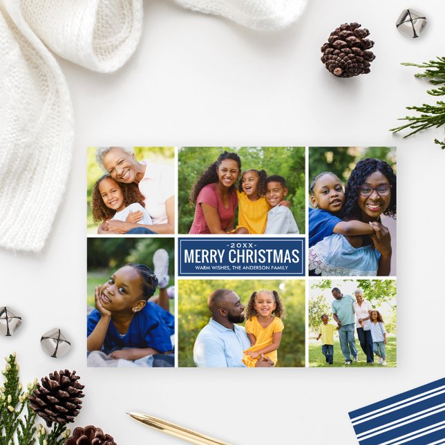 Modern Merry Christmas Navy Blue Photo Collage Holiday Card (Creator Uploaded)