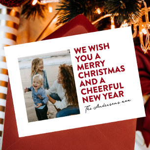 MODERN MERRY CHRISTMAS & NEW YEAR RED BLACK WHITE HOLIDAY CARD