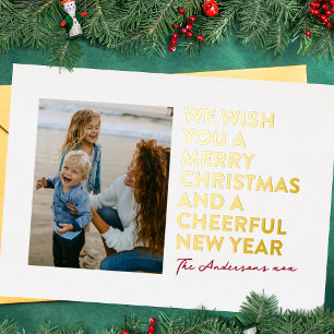 MODERN MERRY CHRISTMAS & NEW YEAR RED WHITE Gold Foil Holiday Card