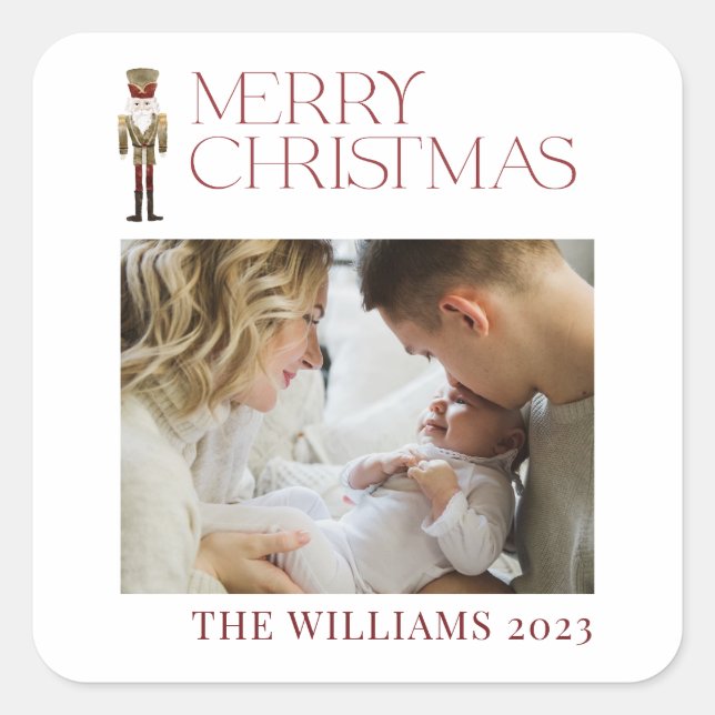 Modern Merry Christmas Nutcracker Watercolor Photo Square Sticker (Front)