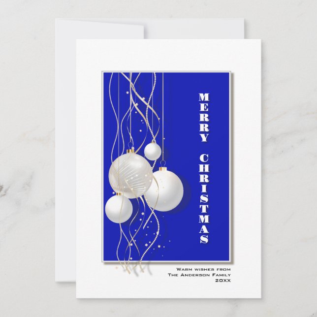 Modern Merry Christmas on Blue and White Holiday Card (Front)