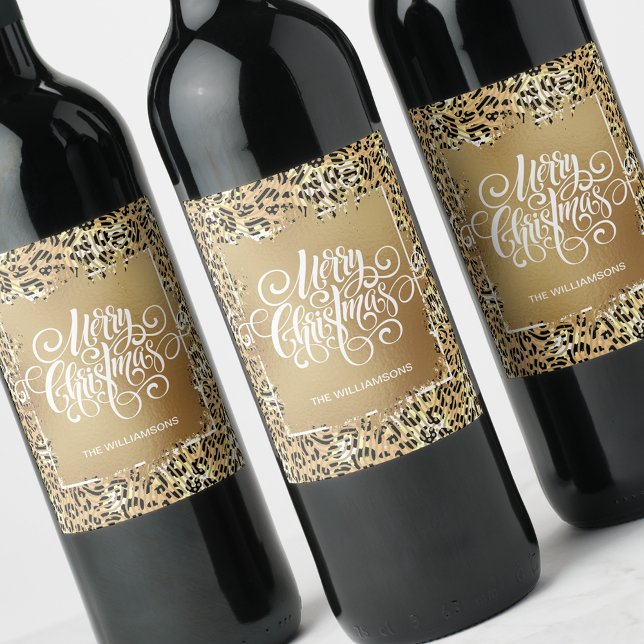 Modern Merry Christmas on Gold Leopard Wine Label (Creator Uploaded)