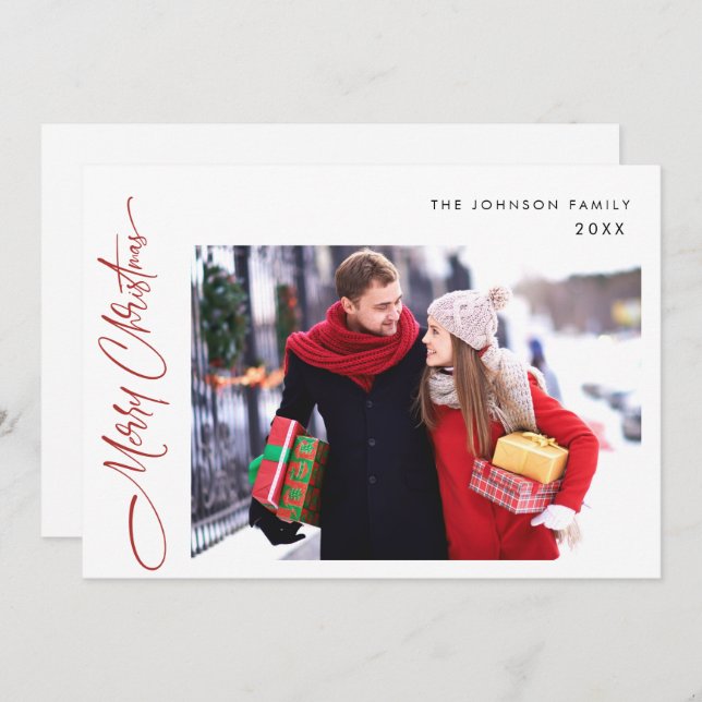 Modern Merry Christmas One PHOTO Greeting QR code Holiday Card (Front/Back)