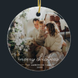 Modern Merry Christmas Ornament<br><div class="desc">A modern holiday photo ornament with a script "merry Christmas" in white. The name and year can be easily customised for a personal touch. A trendy,  minimalist and contemporary design to stand out this holiday season!</div>