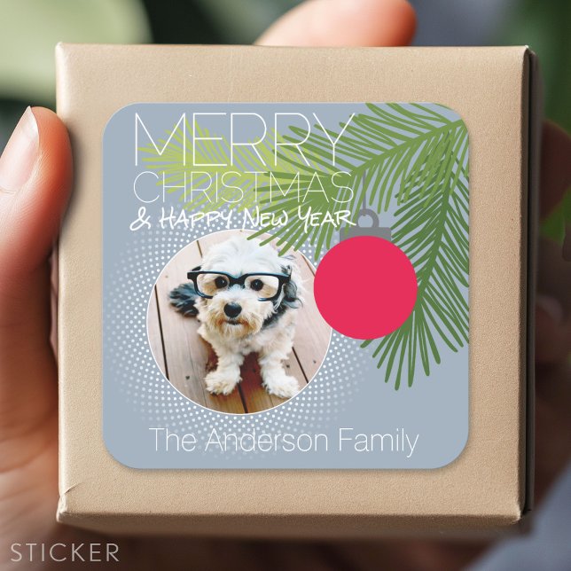Modern Merry Christmas Ornament One Photo Square Sticker (Custom Sticker)