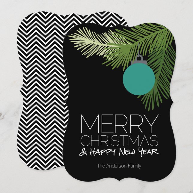 Modern Merry Christmas Ornaments - Black and Green Holiday Card (Front/Back)