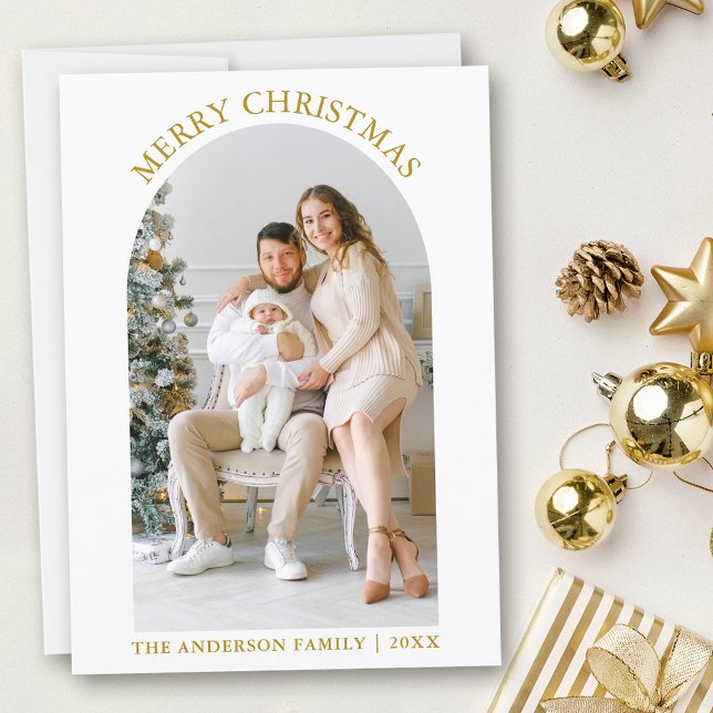 Modern Merry Christmas Photo Arch Gold Holiday Card (Customize to change text color.)