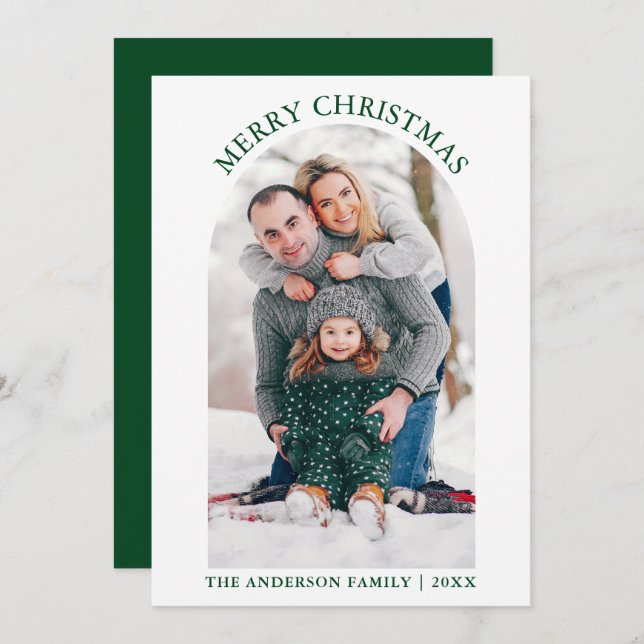 Modern Merry Christmas Photo Arch Green Holiday Card (Front/Back)