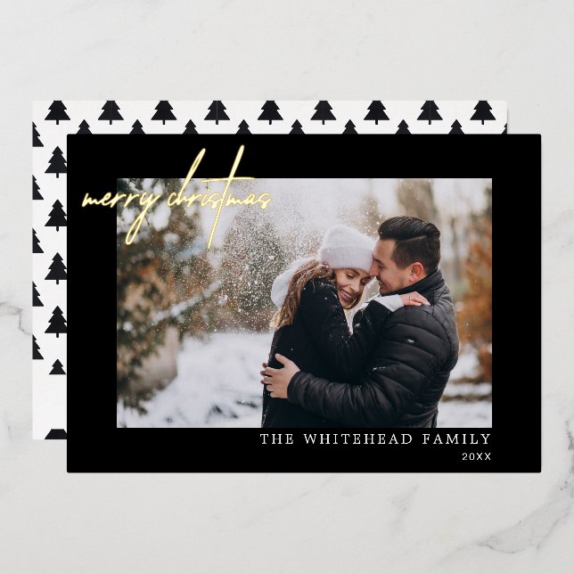 Modern Merry Christmas Photo Black Foil Holiday Card (Front/Back)