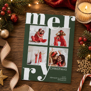 Modern Merry Christmas Photo Collage Forest Green Holiday Card