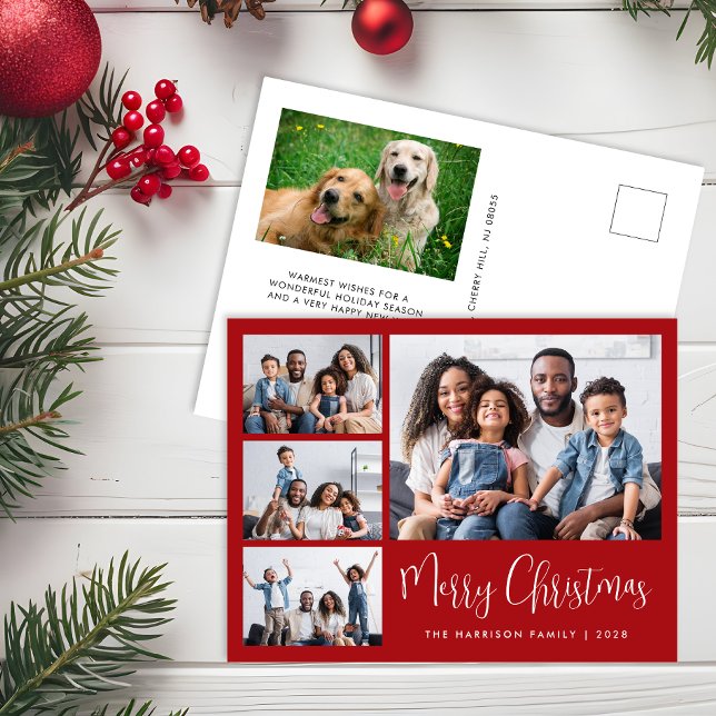 Modern Merry Christmas Photo Collage Red Holiday Postcard (Creator Uploaded)