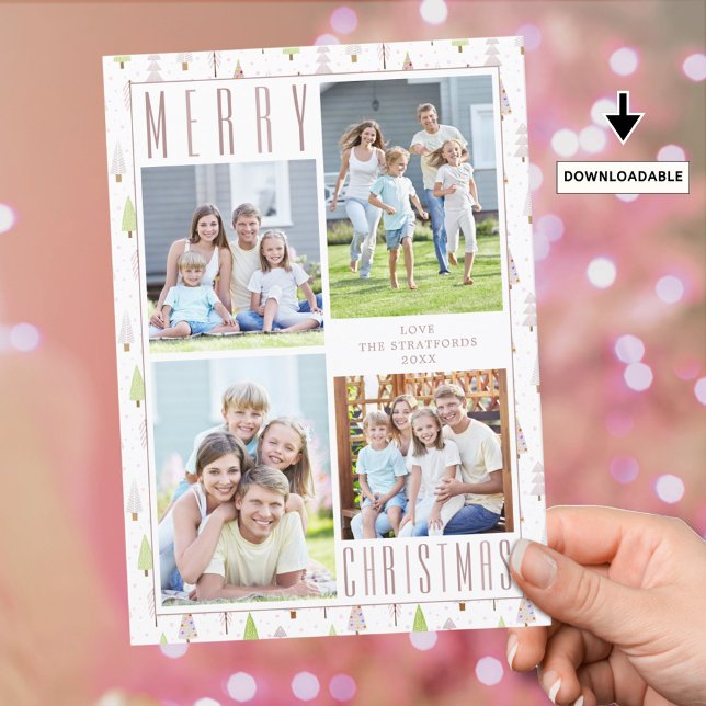 Modern MERRY CHRISTMAS Photo Collage Trees Pink Holiday Card (Creator Uploaded)