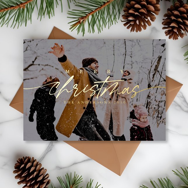 Modern Merry Christmas Photo | Dark Overlay  Foil Holiday Card (Creator Uploaded)