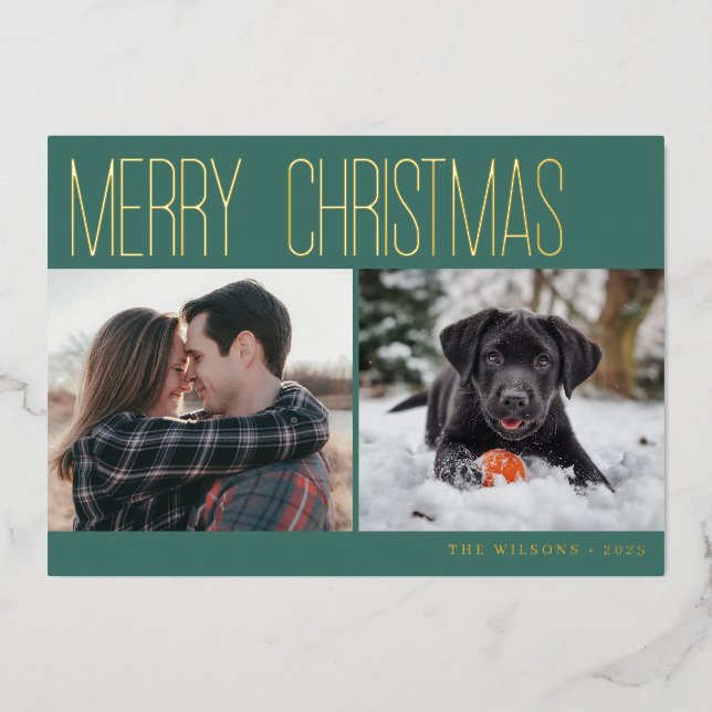 Modern Merry Christmas Photo Foil Holiday Card (Front)