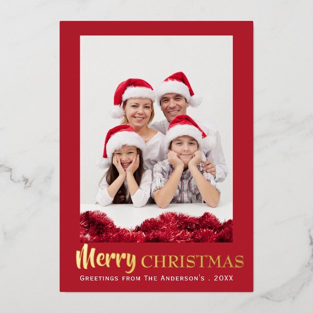 Modern Merry Christmas Photo Foil Holiday Card (Front)