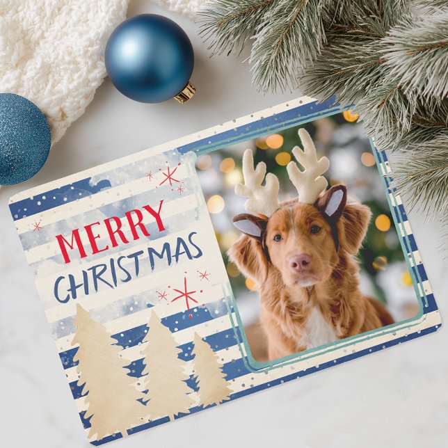 Modern Merry Christmas Photo Holiday Card (Modern Blue Stripes Photo Christmas Card)