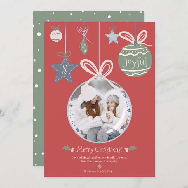 Modern Merry Christmas photo ornament illustration Holiday Card (Front/Back)